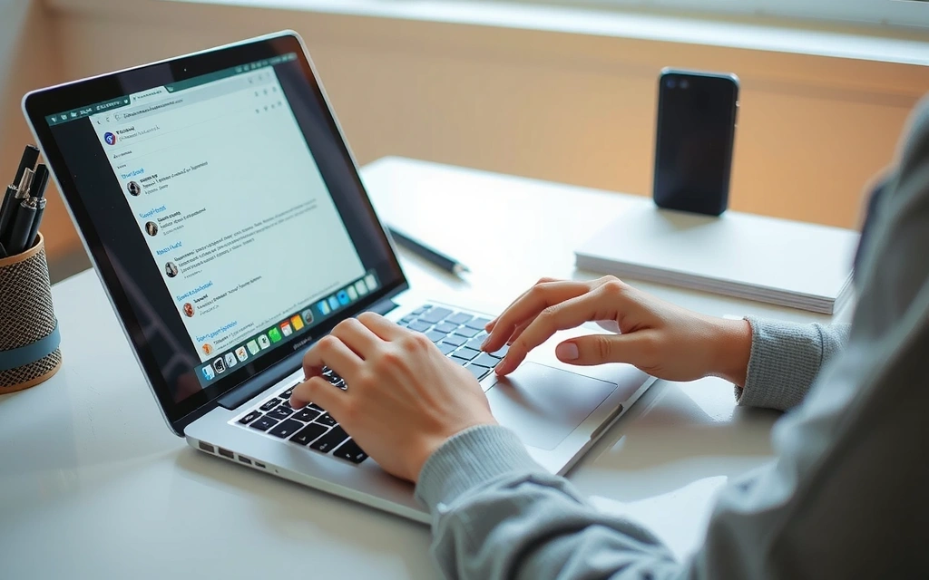 Osoba pisząca wiadomość na laptopie, symbolizująca komunikację i kontakt.