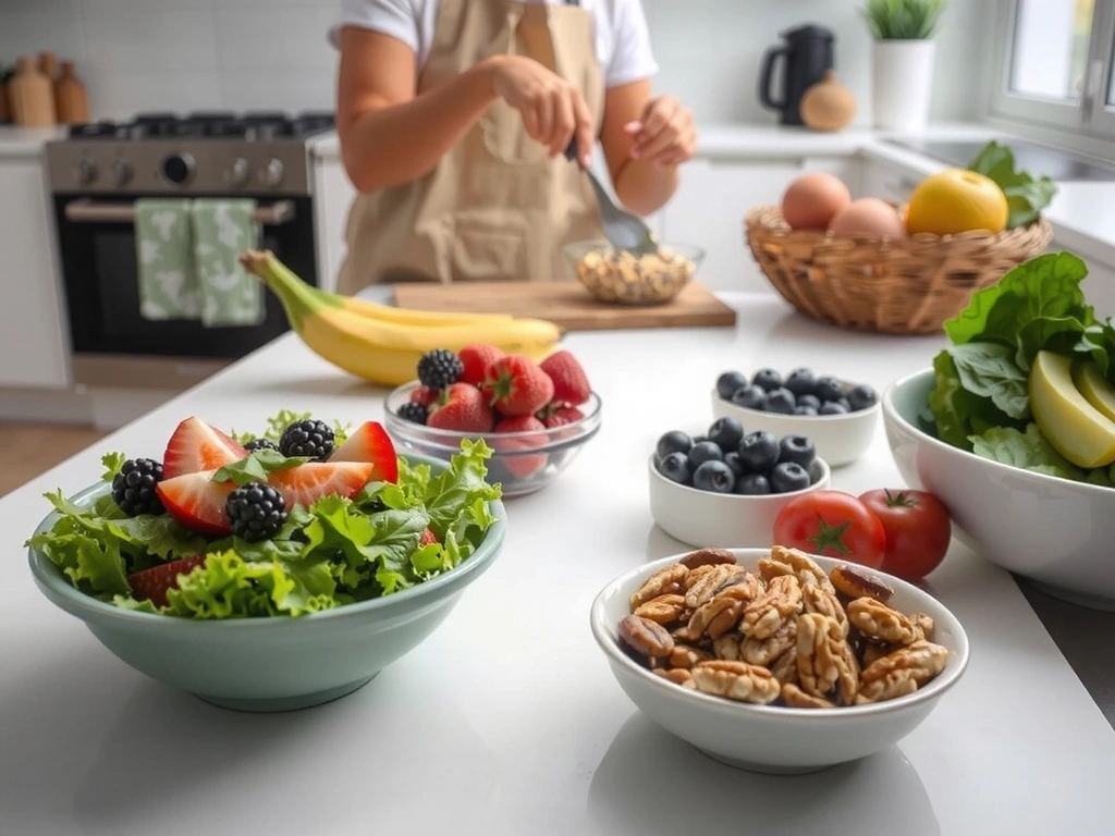 Stolik z różnymi zdrowymi posiłkami: sałatka, owsianka, owoce, orzechy, w tle osoba przygotowująca jedzenie