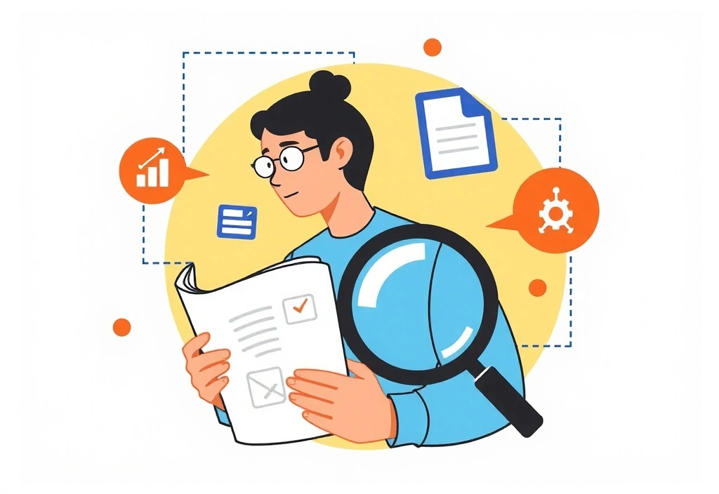 Ilustracja przedstawiająca osobę czytającą dokumenty z ikonami lupy i dokumentów, symbolizującą zasady przetwarzania danych.