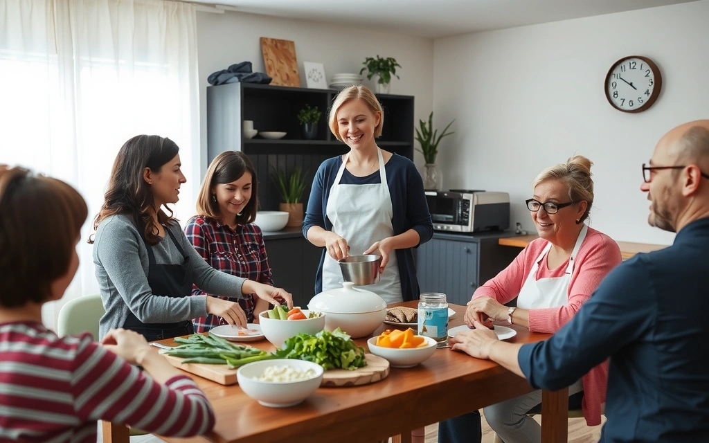 Grupa ludzi uczestniczących w interaktywnym warsztacie kulinarnym, przygotowujących zdrowe posiłki, z uśmiechniętym dietetykiem prowadzącym zajęcia.