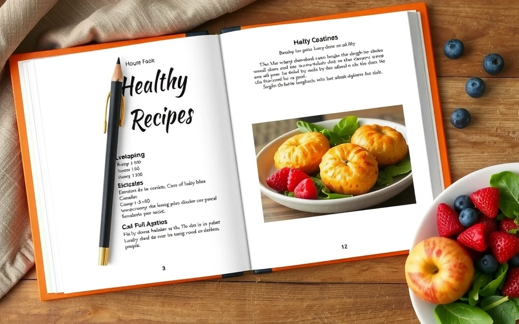 Otwarta książka kucharska z kolorowymi przepisami i talerzem świeżych owoców i warzyw obok, symbolizujące materiały edukacyjne i zdrowe odżywianie.