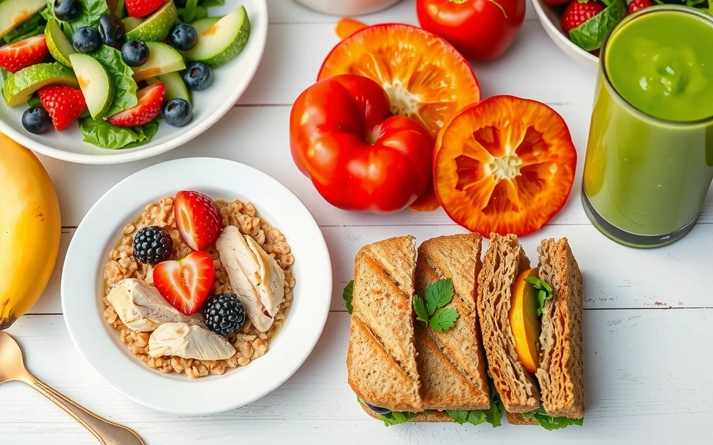 Zdrowe, kolorowe posiłki ułożone na stole: sałatka z kurczakiem, owsianka z owocami, pełnoziarniste kanapki i smoothie. Wszystko wygląda apetycznie i świeżo.
